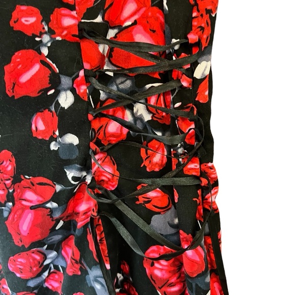 Hearts & Roses Brocade Lace Up Corset Dress Red Black Floral Fairy Goth Sz 14 - Picture 4 of 15